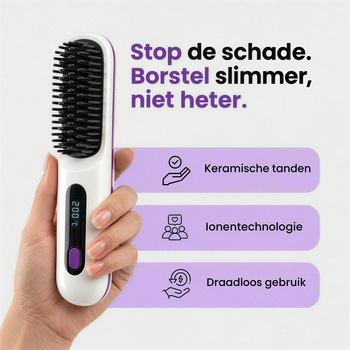 Witte stijlborstel met keramische tanden en ionentechnologie