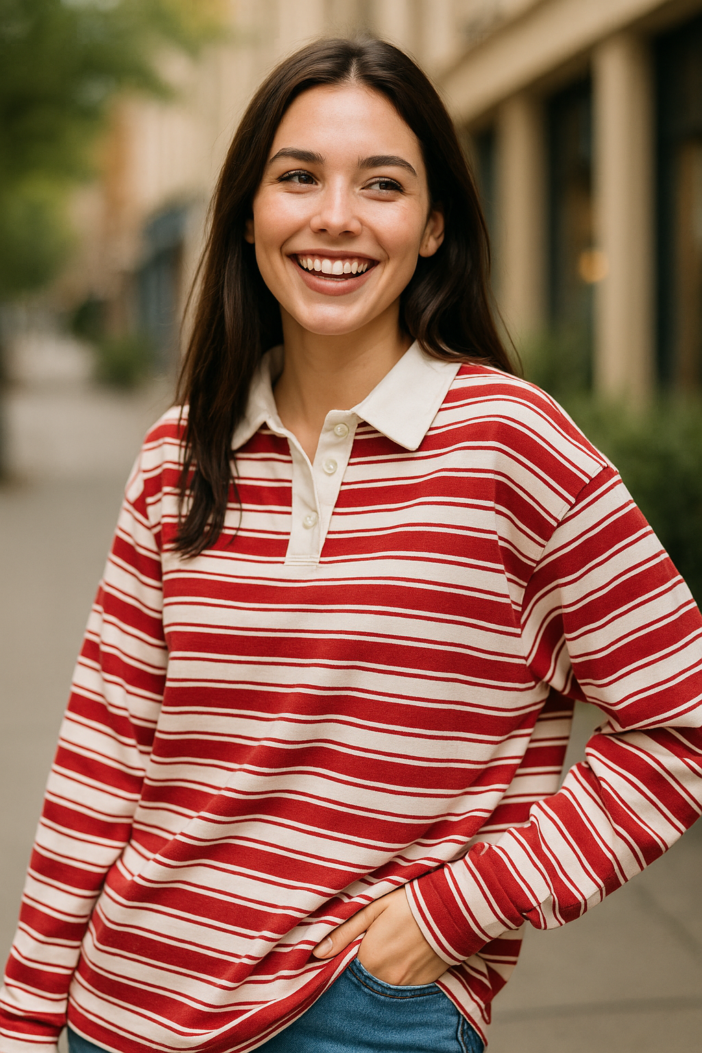 Stijlvol gebreid poloshirt met frisse rode en witte strepen