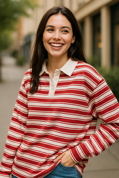 Stijlvol gebreid poloshirt met frisse rode en witte strepen