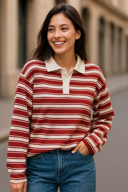 Stijlvol gebreid poloshirt met frisse rode en witte strepen