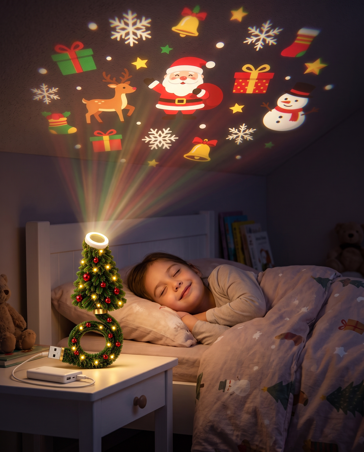 Kerstboom projectielamp als nachtlampje in de kinderkamer