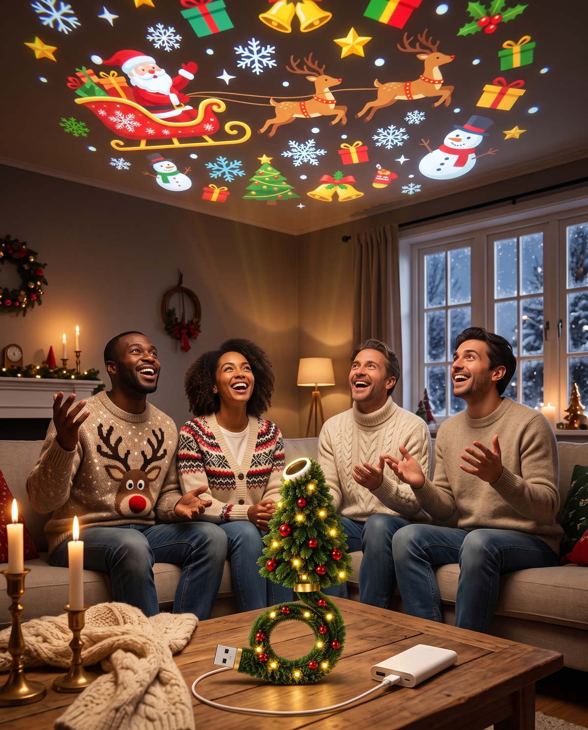 Kerstfiguren op het plafond van de woonkamer