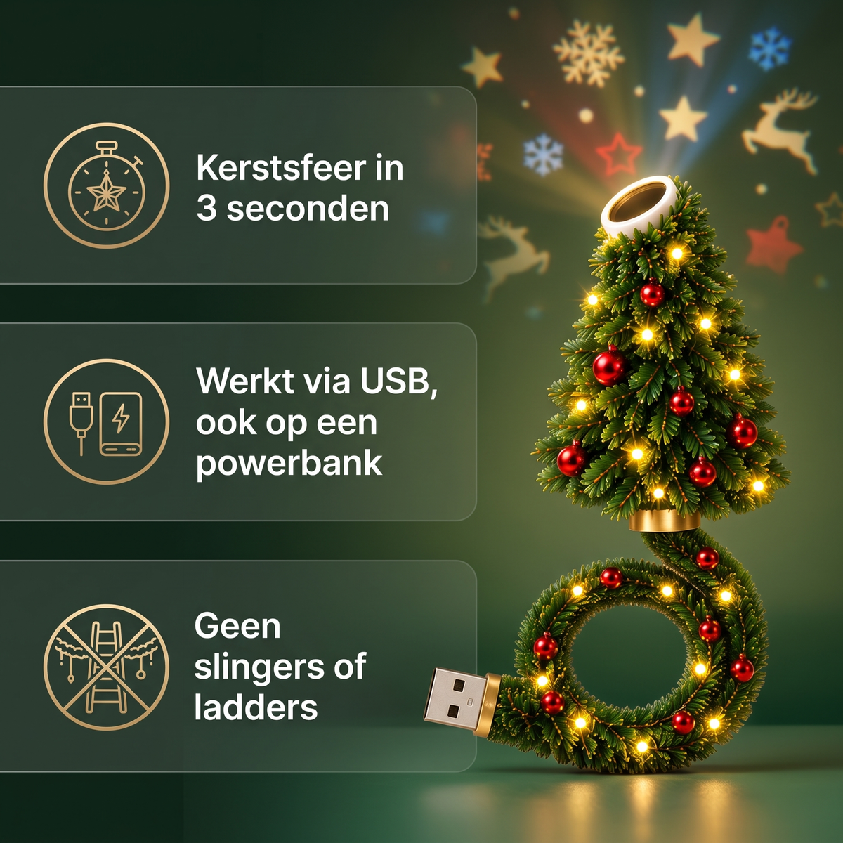 Kerstsfeer in 3 seconden, werkt via USB, geen slingers of ladders