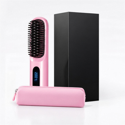 Roze verwarmde stijlborstel met doos en roze etui