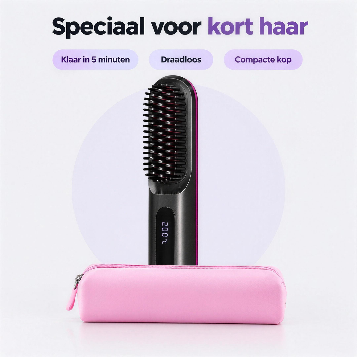 Draadloze stijlborstel op een kaptafel: klaar in ongeveer 5 minuten, speciaal voor kort haar