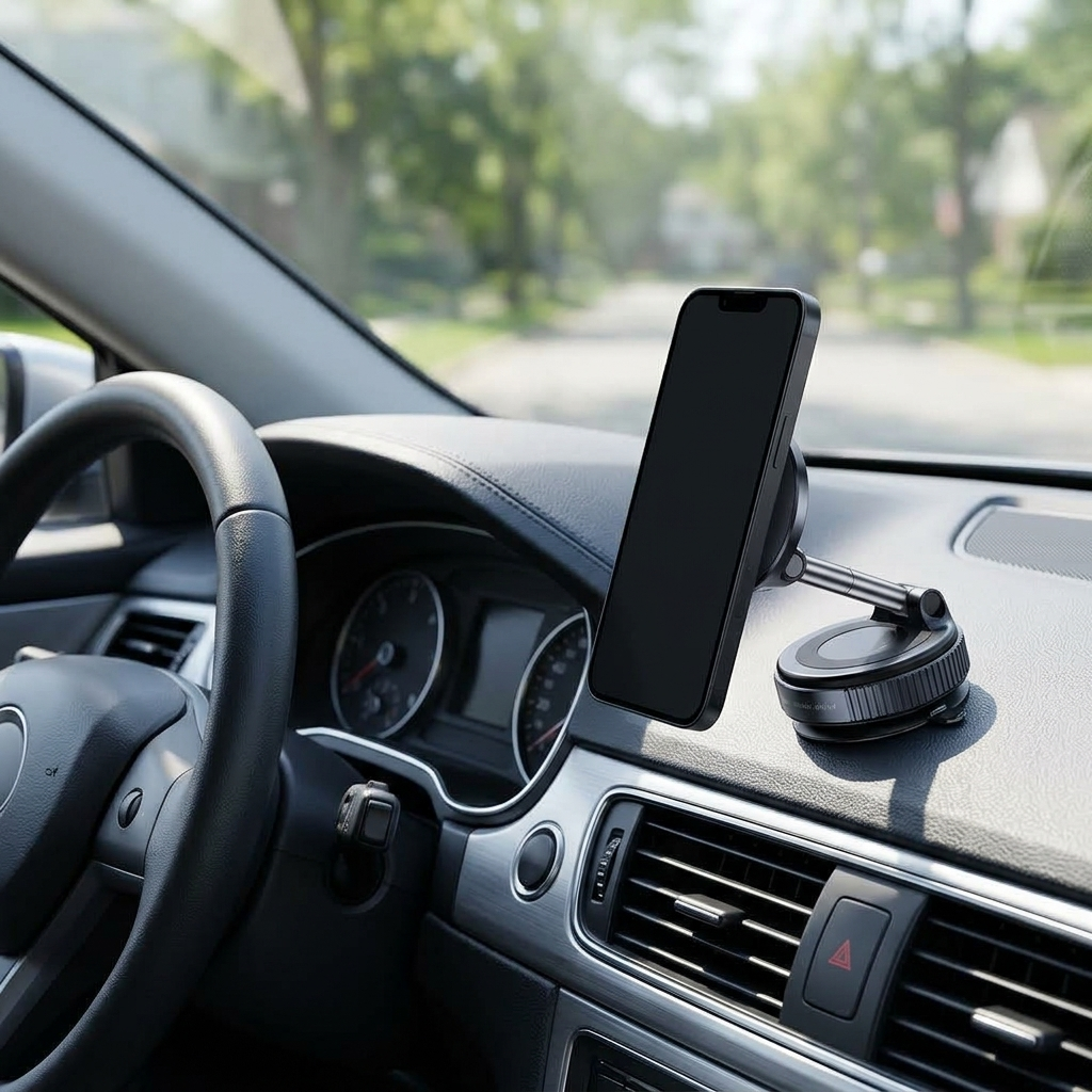 Telefoonhouder op het dashboard met telefoon
